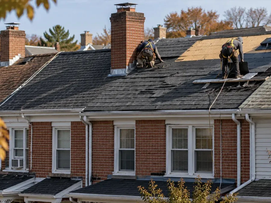 Roofers replacing shingles on an older brick home