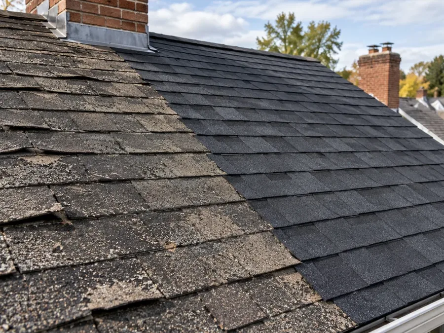 Worn, curling shingles beside a section of new asphalt shingles