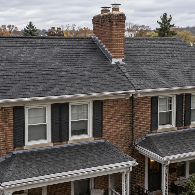 Older brick twin homes with a shared roofline and brick chimneys