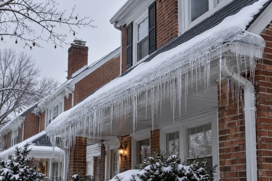 Ice dam and icicles along the eaves of an older home in winter