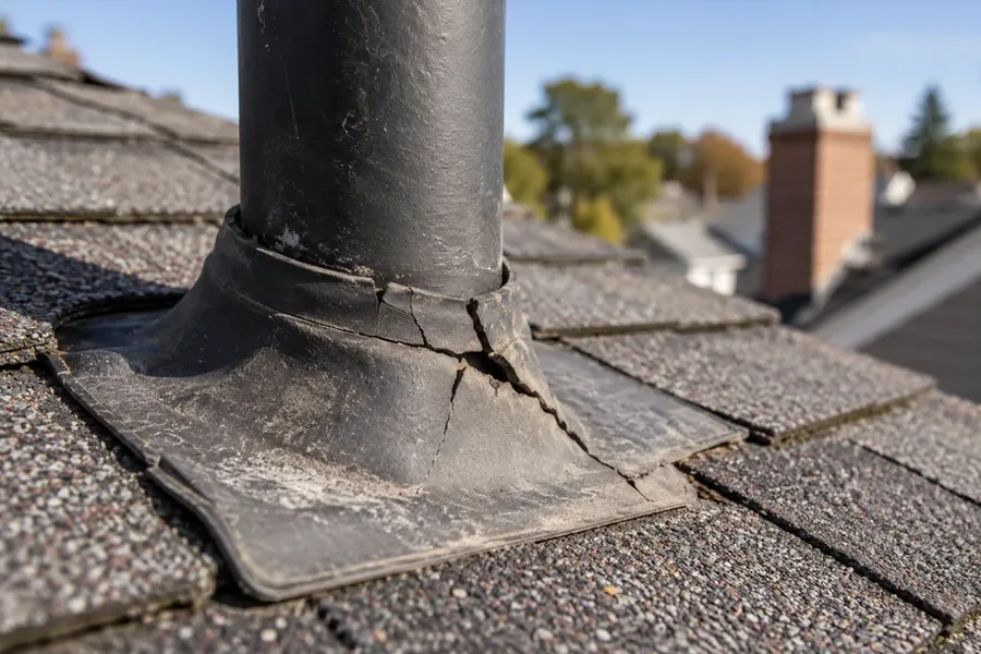Cracked rubber pipe boot around a plumbing vent on a shingle roof