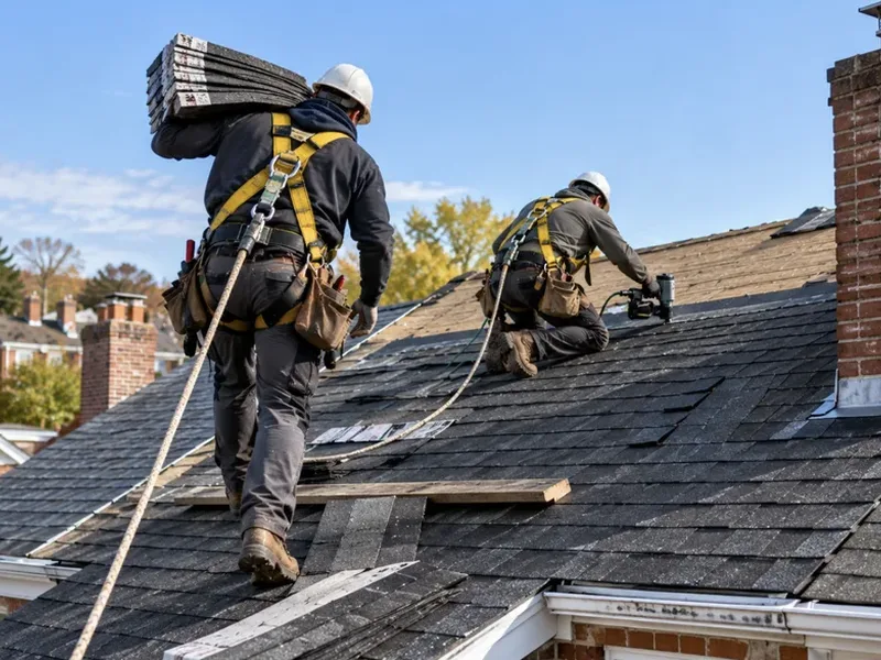 Two roofers in harnesses replacing shingles on a pitched roof