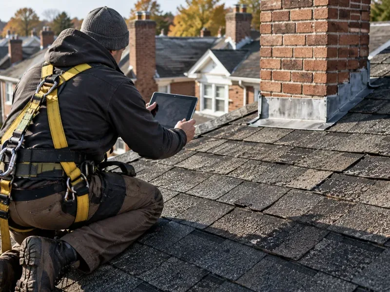 Roof inspector photographing shingles with a tablet